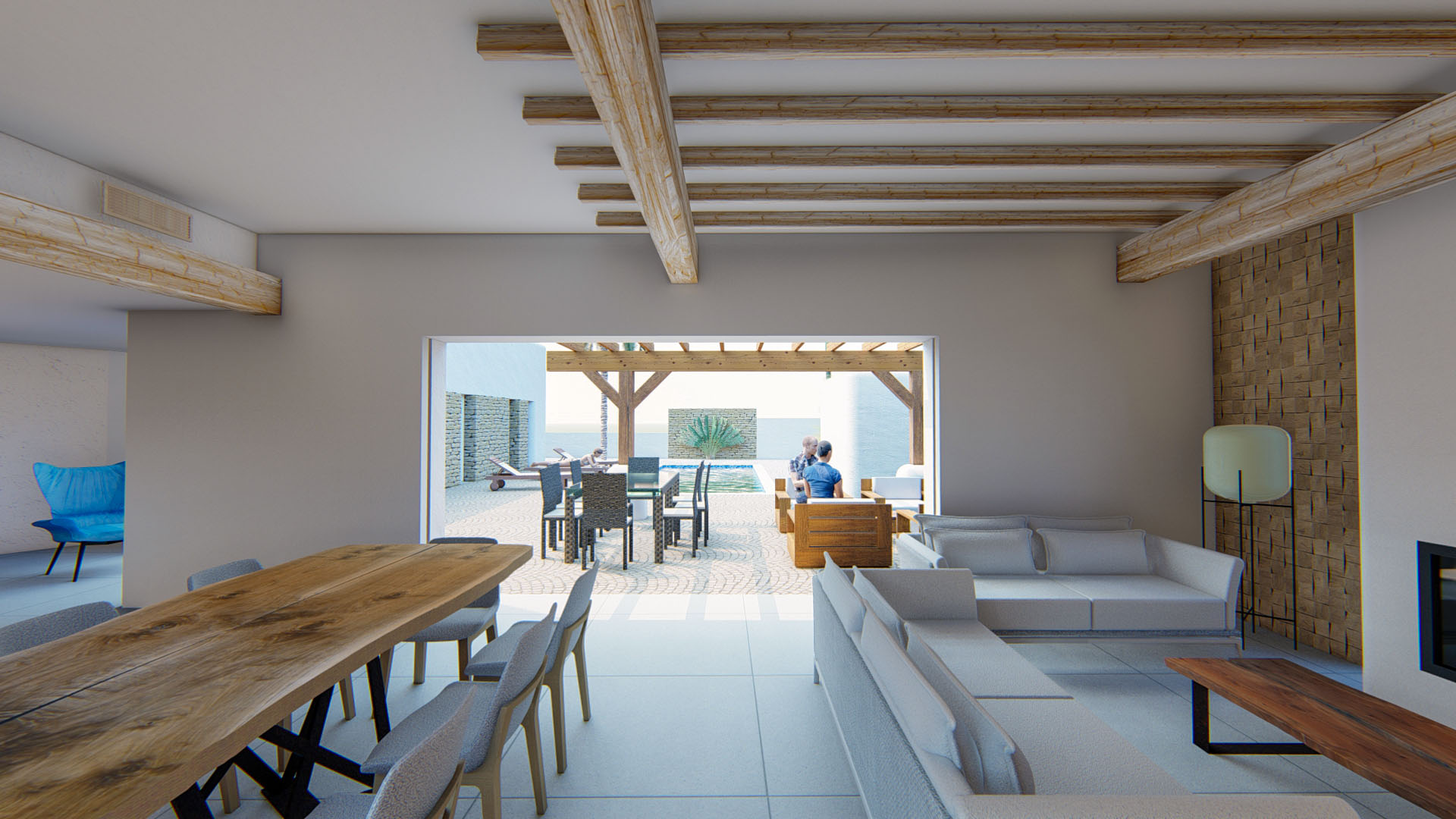 Salón-comedor diáfano con vigas de madera vista y paneles texturizados. El ventanal corredero integra el interior con la terraza exterior, la pérgola y la piscina.