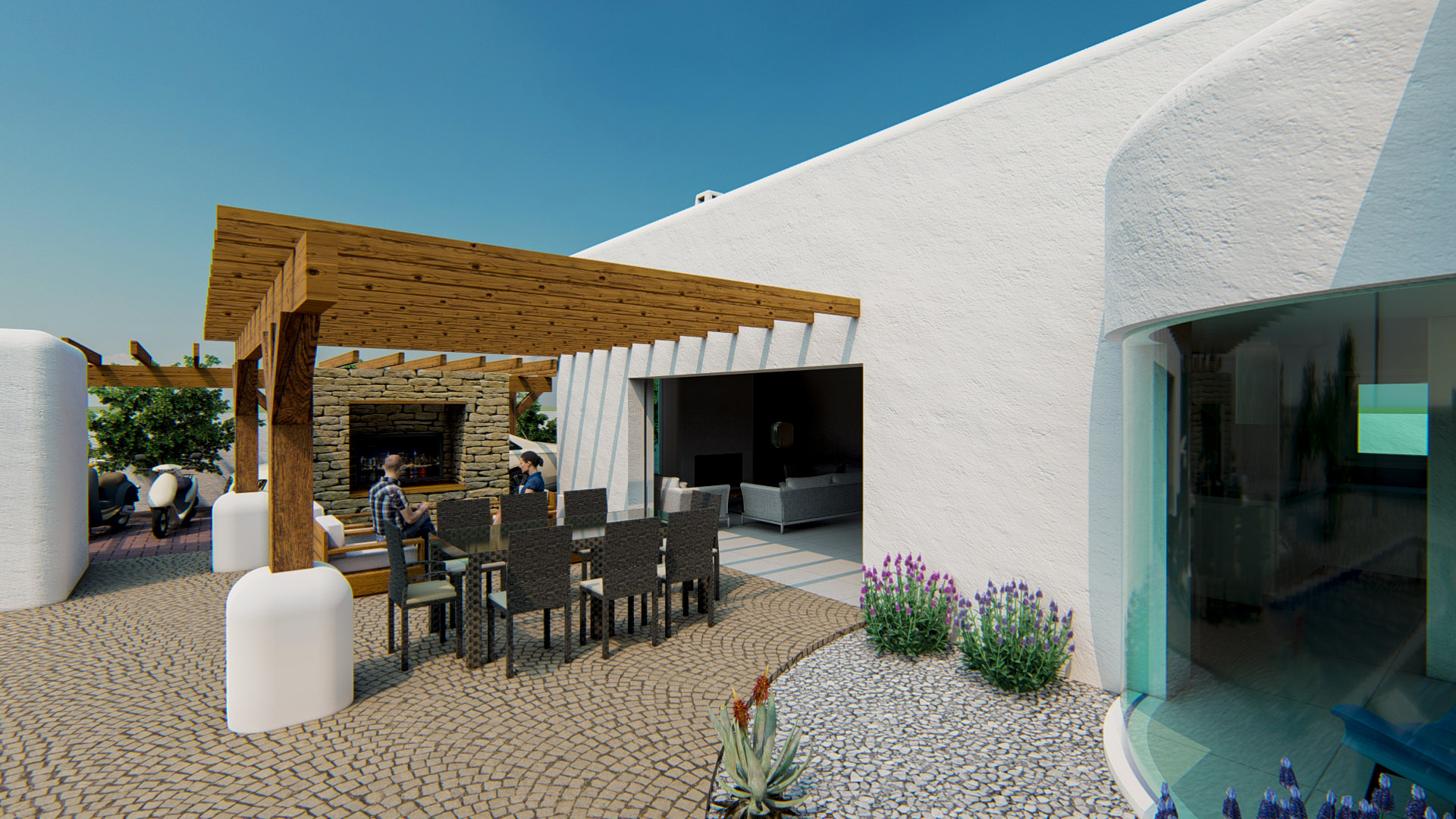 Terraza exterior con pérgola de madera, zona de comedor y suelos de adoquín, conectada al salón mediante un gran ventanal corredero.