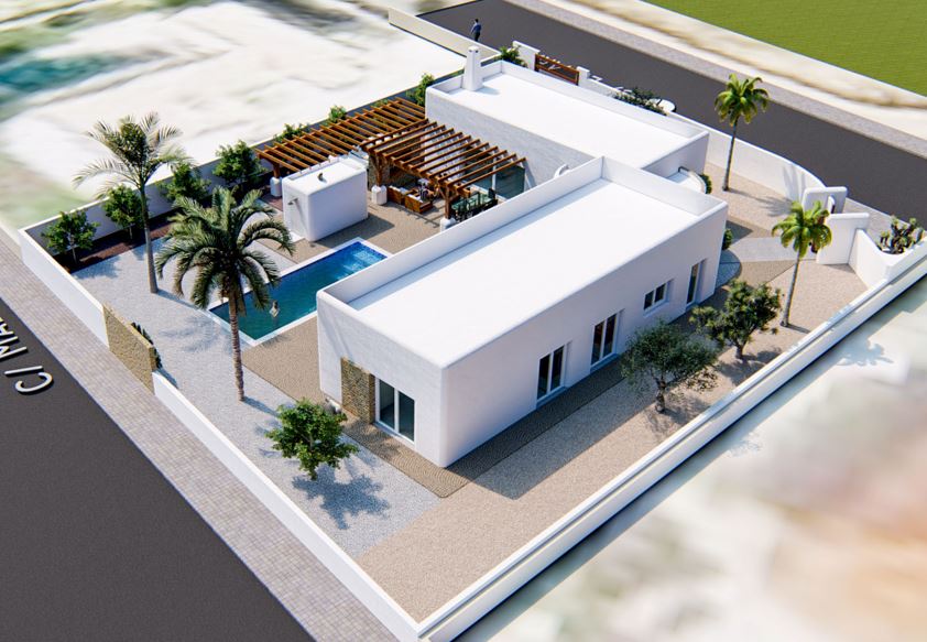 Vista aérea de la villa de estilo ibicenco con muros blancos, piscina rectangular, pérgola de madera y jardín mediterráneo perimetral.