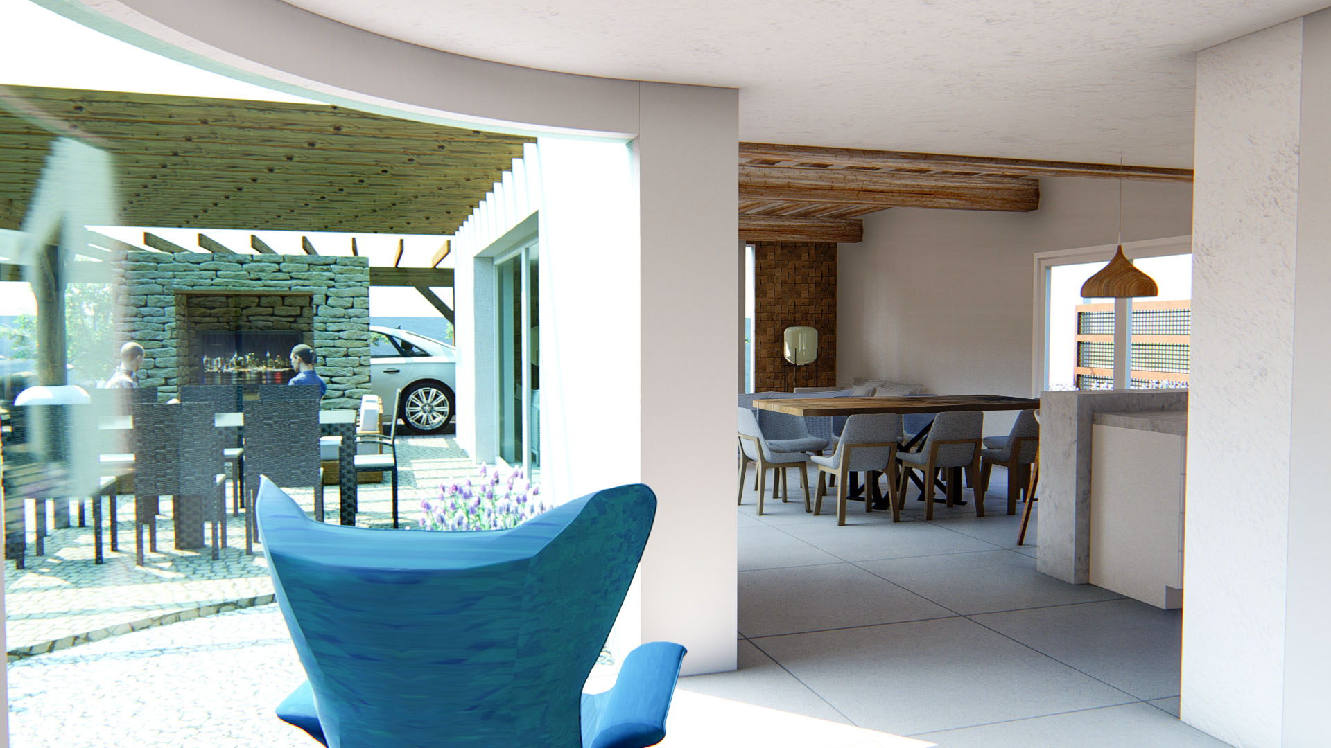Vista del comedor interior con vigas de madera y acceso directo al patio exterior, que cuenta con una pérgola de madera y zona de barbacoa en piedra natural.