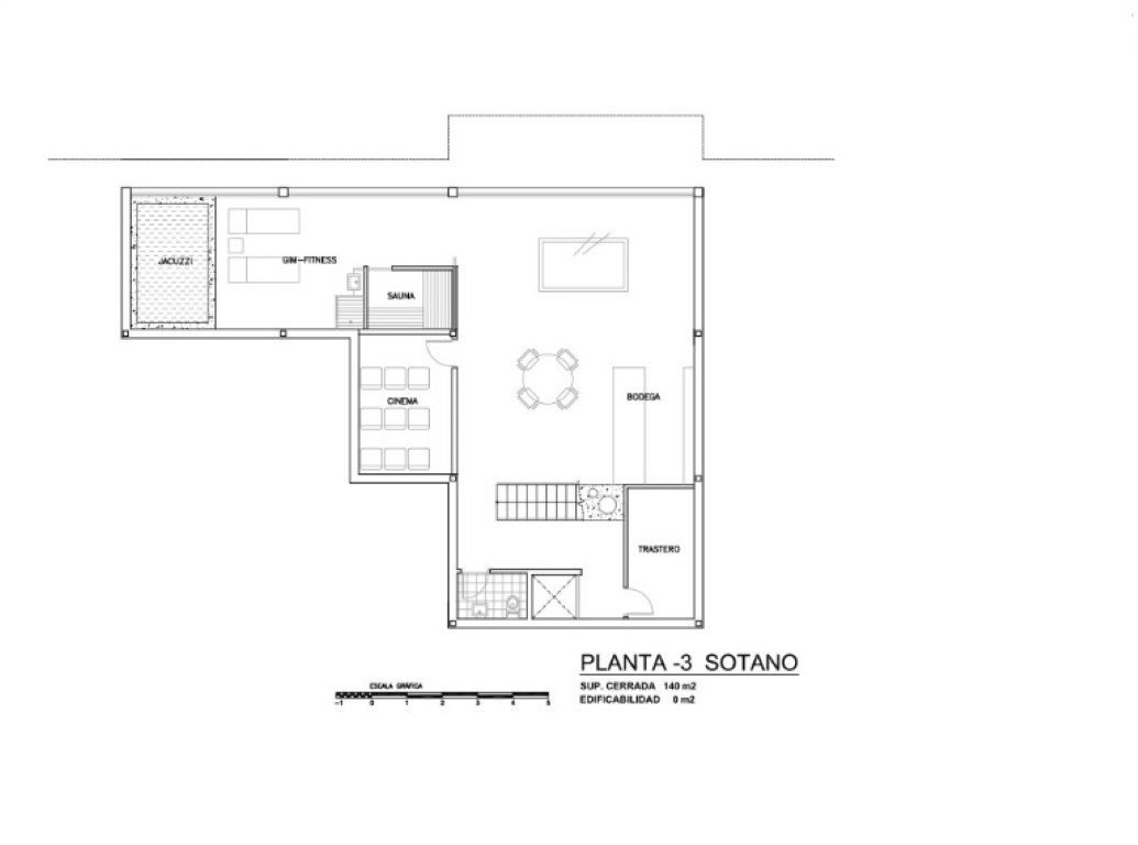 Plano detallado de la planta sótano -3 que incluye zona de bienestar con sauna, jacuzzi y gimnasio, además de cine privado, bodega y trastero.