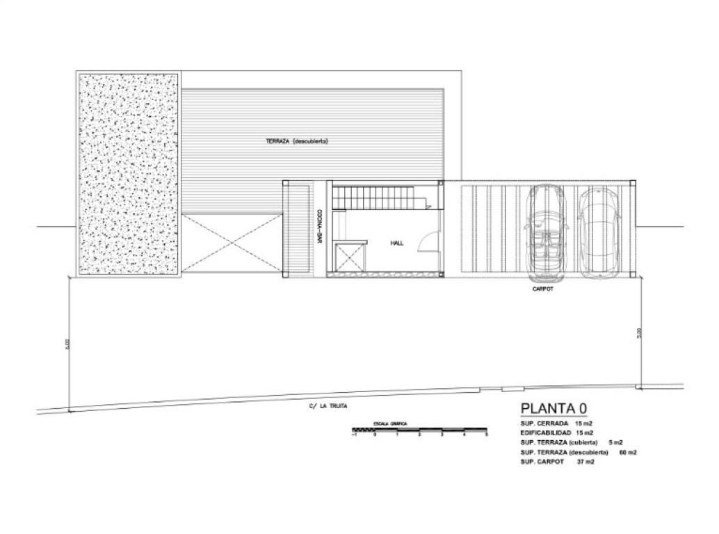 Plano técnico de la Planta 0 que detalla el acceso principal, un carport para dos vehículos, cocina-bar exterior y una amplia terraza descubierta de 60 m².