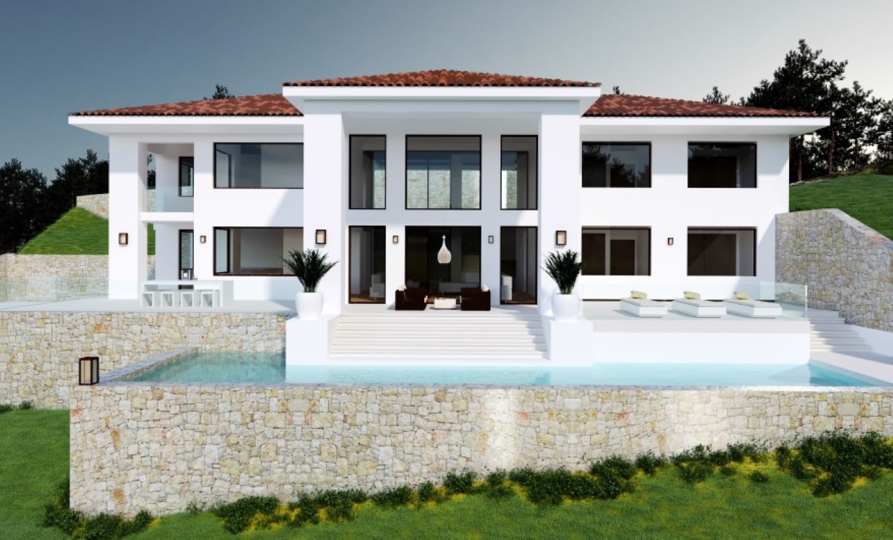Fachada blanca de estilo mediterráneo moderno con amplios ventanales, piscina infinita integrada en muros de piedra natural y terrazas con zonas de descanso.