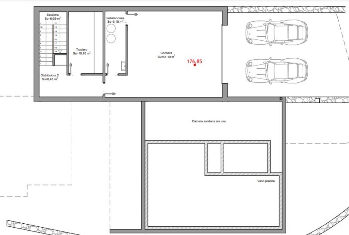 Plano técnico de la planta sótano que incluye un garaje de 41 m², trastero, sala de máquinas y la estructura del vaso de la piscina.