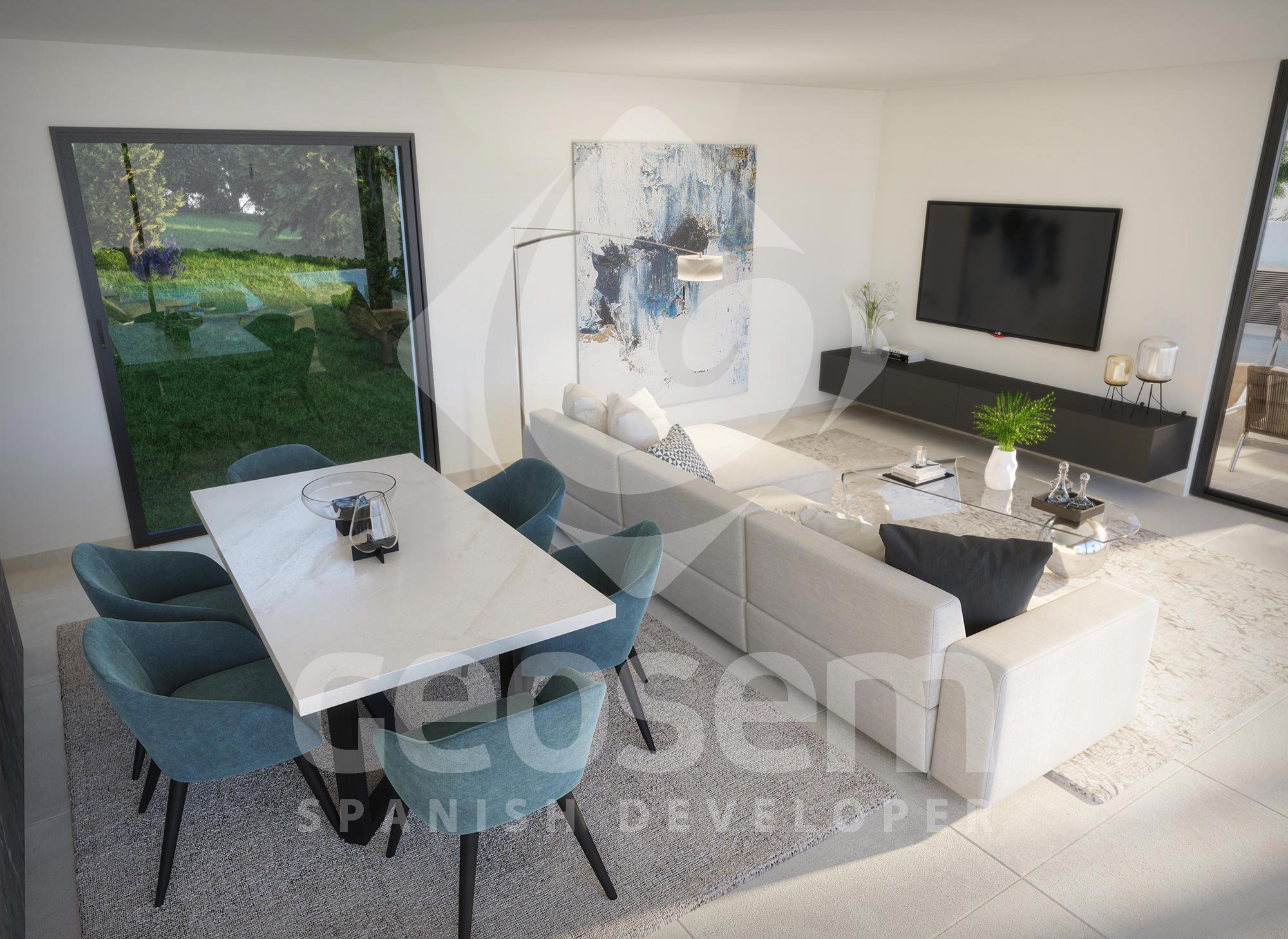 Salón-comedor diáfano con mesa de piedra blanca, sillas tapizadas en azul y un amplio sofá en L. Grandes ventanales de suelo a techo integran el espacio con el jardín exterior.