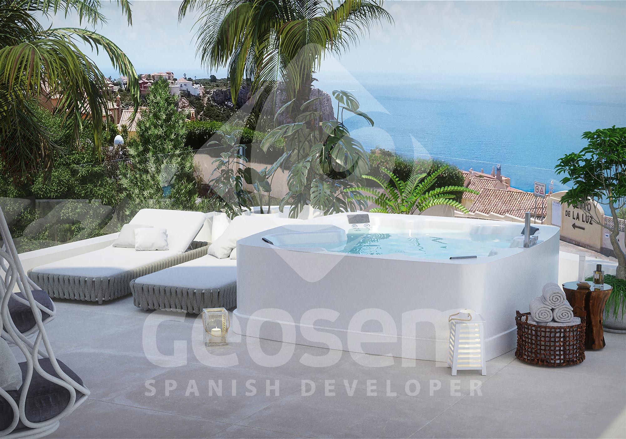 Terraza superior con jacuzzi blanco, tumbonas de diseño y barandilla de cristal con vistas panorámicas al mar Mediterráneo y la costa.