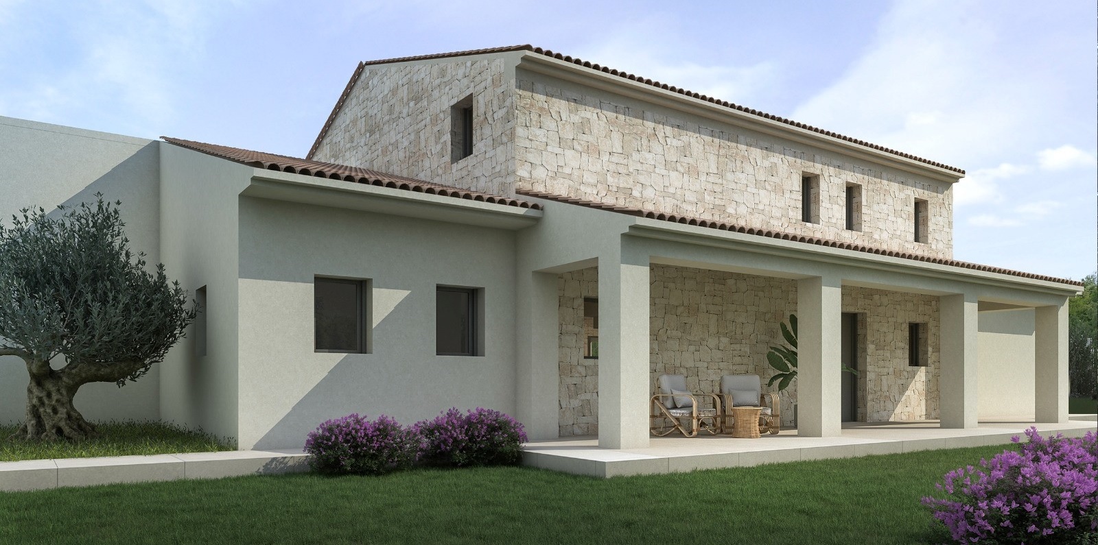 Fachada exterior de estilo finca con muros de piedra natural, porche cubierto y jardín mediterráneo con olivo y arbustos florales.