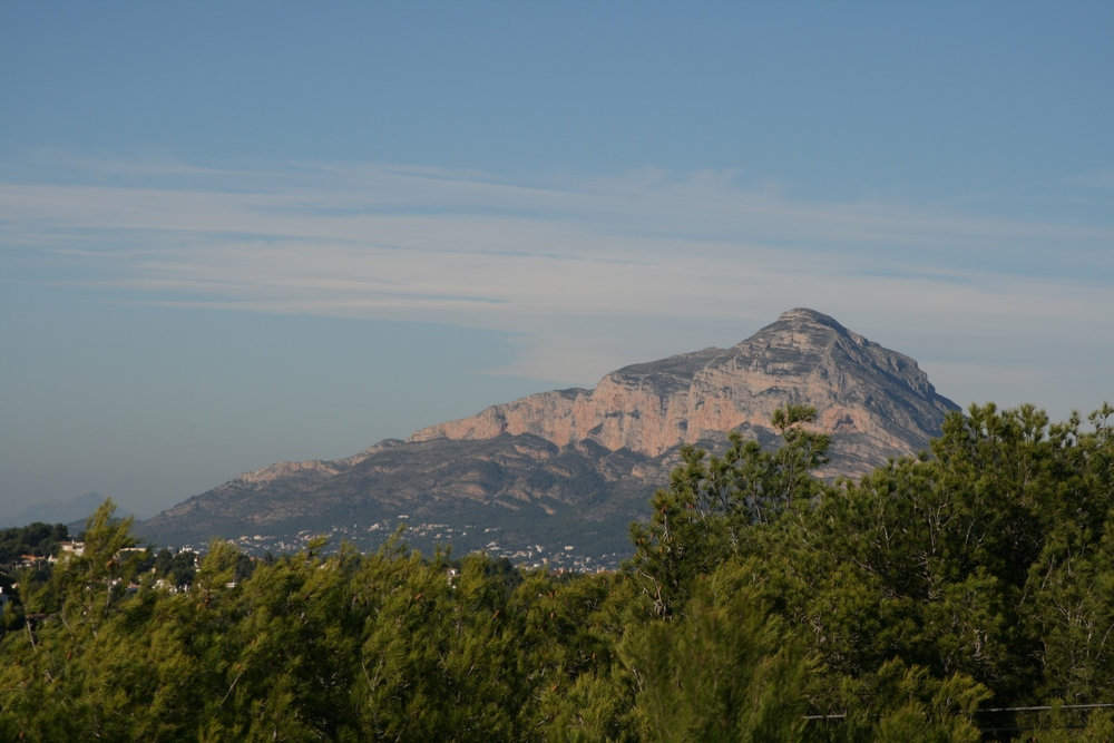 Vista panorámica del macizo del Montgó desde las parcelas, rodeado de vegetación mediterránea autóctona y pinos bajo un cielo despejado.