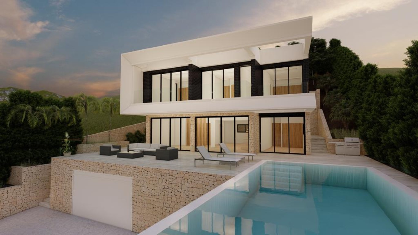 Fachada exterior de villa moderna con piscina infinita, muros de piedra natural y terraza equipada con zona de estar y barbacoa bajo la luz del atardecer.