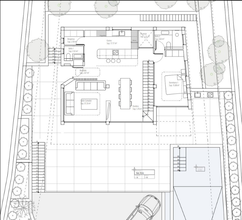 Plano detallado de la planta principal que muestra un diseño de concepto abierto con cocina, salón-comedor, un dormitorio en suite y amplia terraza exterior.