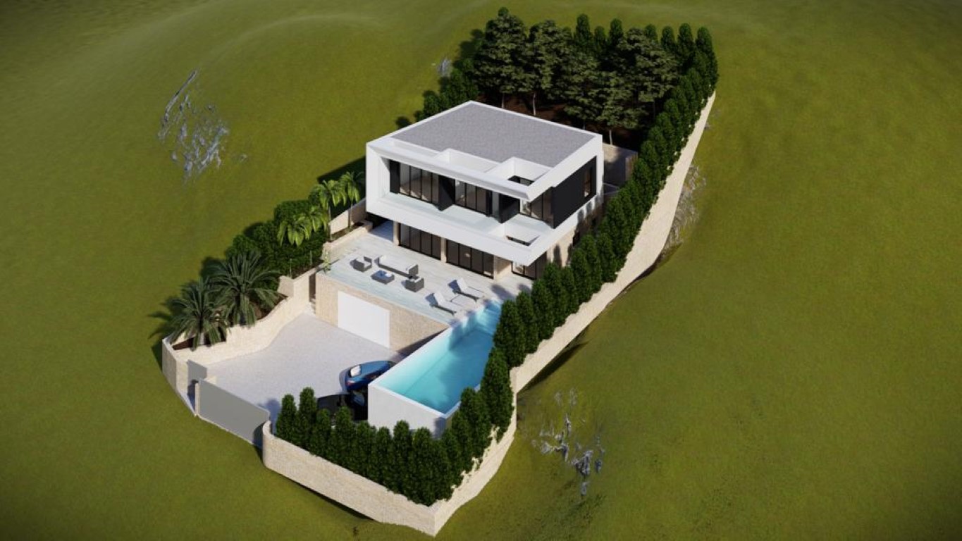 Render aéreo de la villa moderna con fachada blanca y negra, piscina infinita longitudinal, terrazas espaciosas y muros de piedra natural en una parcela inclinada.