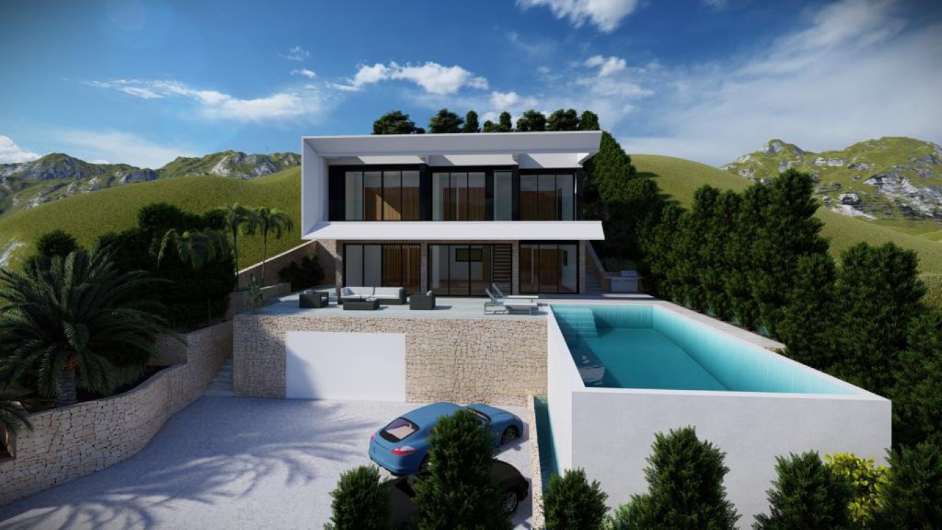 Render exterior de villa moderna con piscina infinita, amplios ventanales y muros de piedra natural integrados en la ladera de Altea Hills.