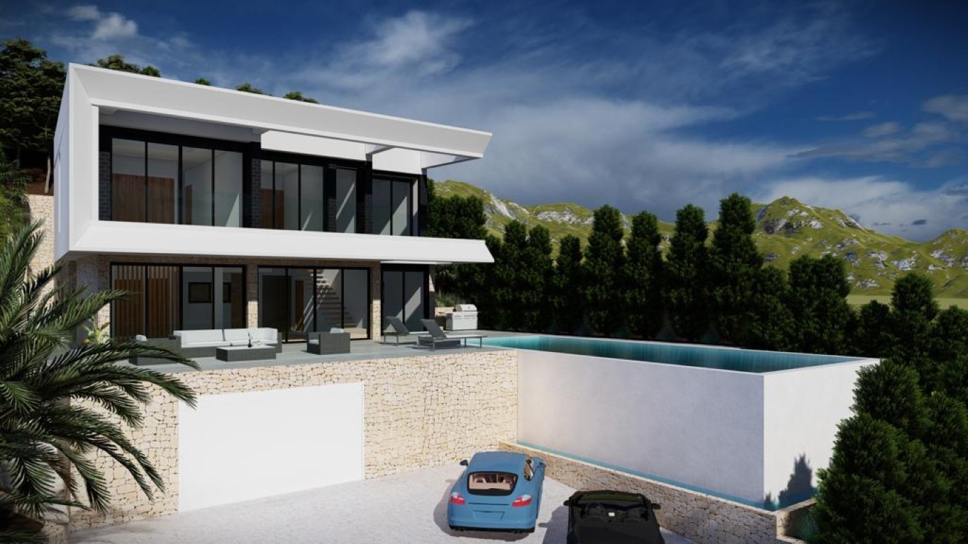 Render exterior de villa moderna con piscina infinita, muros de piedra natural y amplios ventanales orientados a la montaña en Altea Hills.