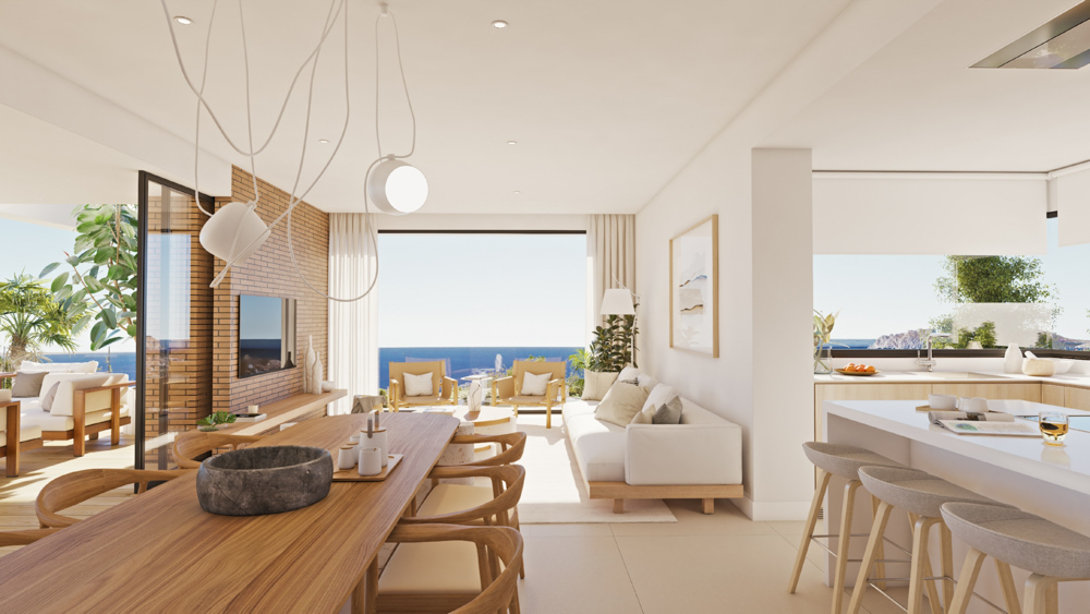 Salón-comedor diáfano con pared de ladrillo visto, mesa de madera natural y amplios ventanales con vistas directas al mar Mediterráneo.