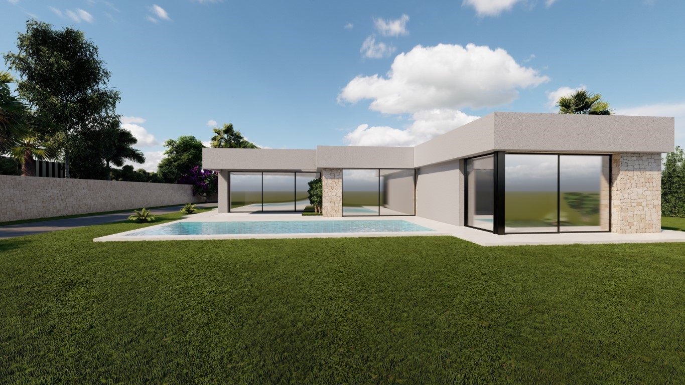 Exterior de villa moderna con fachada blanca, detalles en piedra natural, piscina rectangular y amplios ventanales integrados en un jardín de césped.