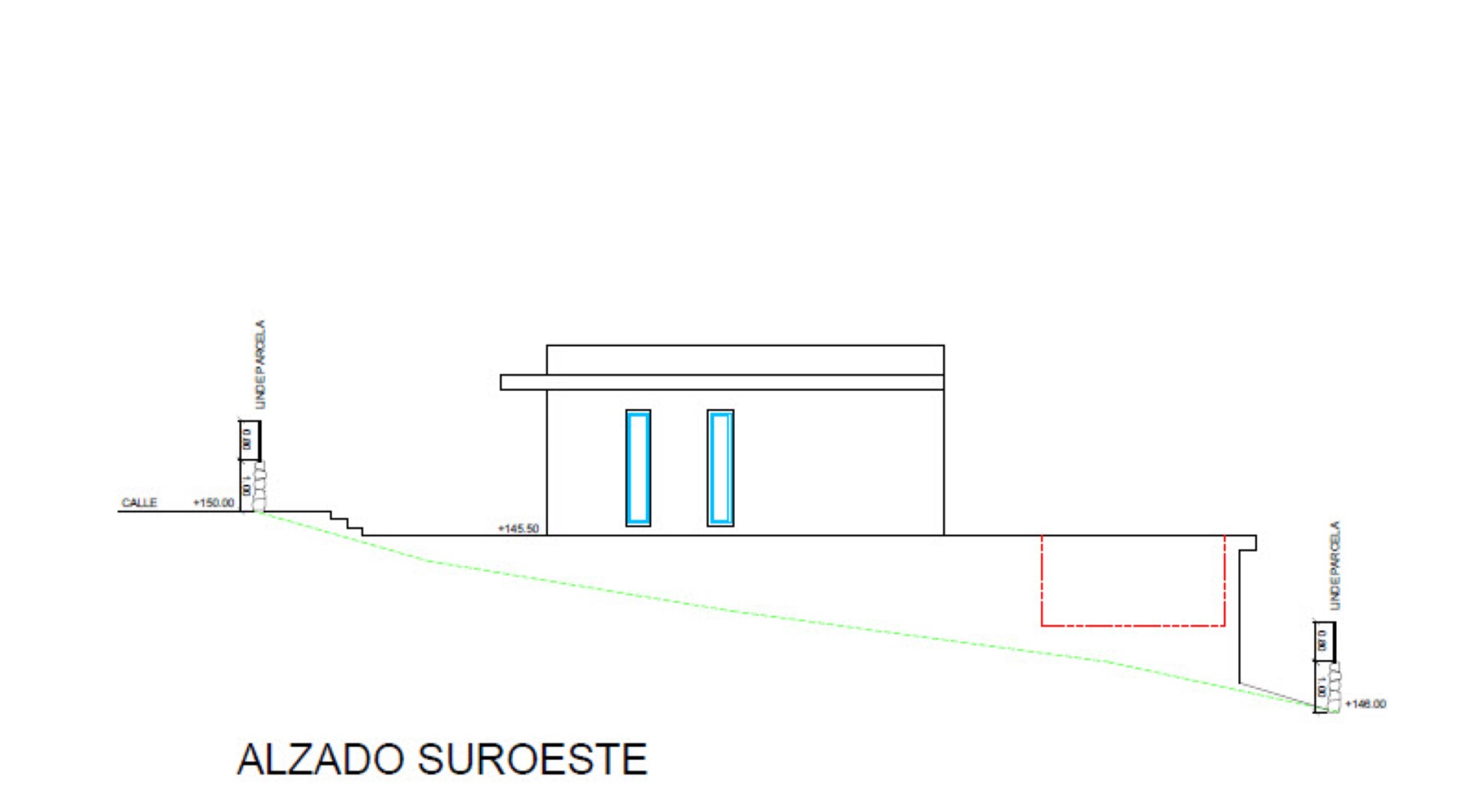 Plano técnico del alzado suroeste que detalla el perfil arquitectónico de la vivienda, la pendiente del terreno y la ubicación de la piscina.