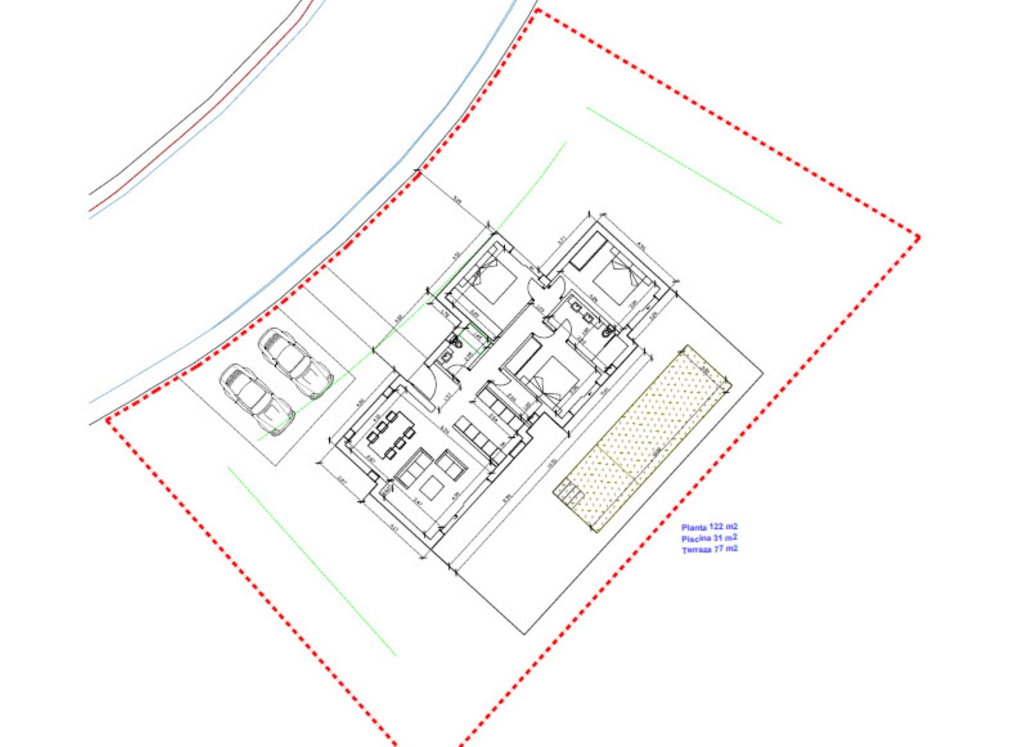Plano técnico detallado de la distribución de la villa, mostrando los tres dormitorios, zona de estar diáfana, terraza exterior y piscina de 31 m2.