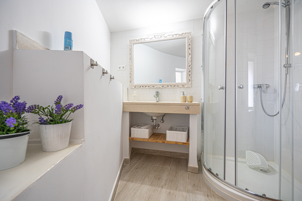 Baño renovado con cabina de ducha curva, lavabo sobre encimera de piedra, espejo de marco ornamentado y suelos de gres con efecto madera.