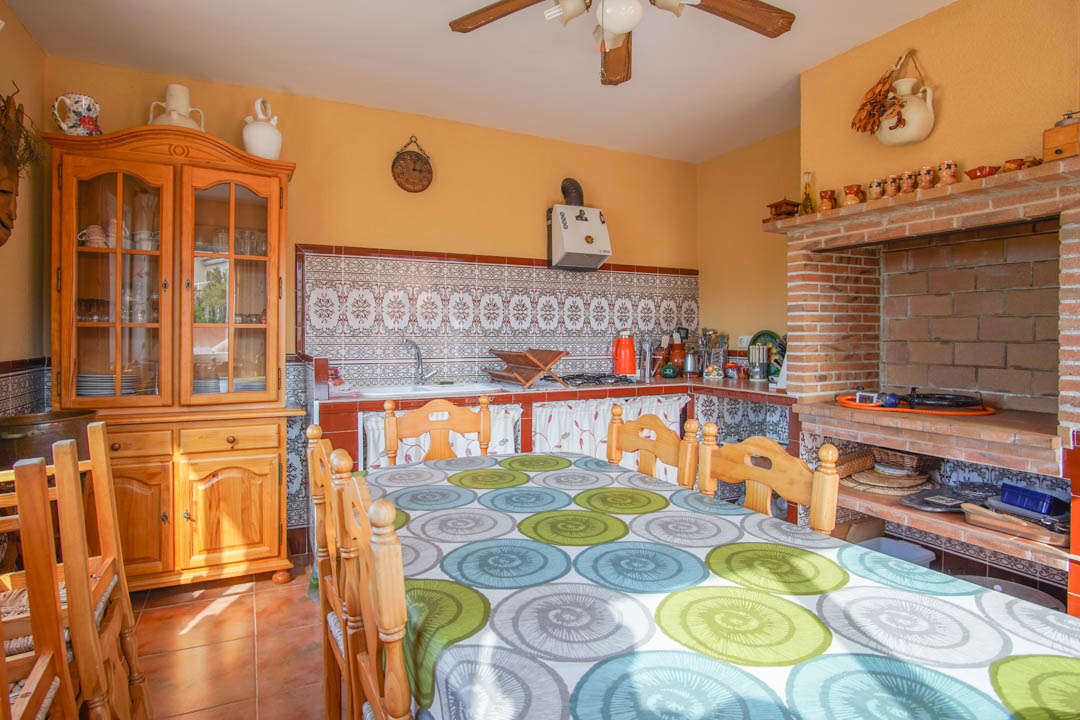 Cocina exterior cerrada con barbacoa de ladrillo visto, muebles de madera maciza y paredes decoradas con azulejos tradicionales de estilo mediterráneo.