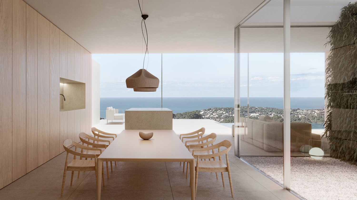 Comedor de diseño minimalista con mesa de madera y vistas panorámicas al mar a través de grandes ventanales. Incluye armarios integrados de madera y acceso directo a la terraza.