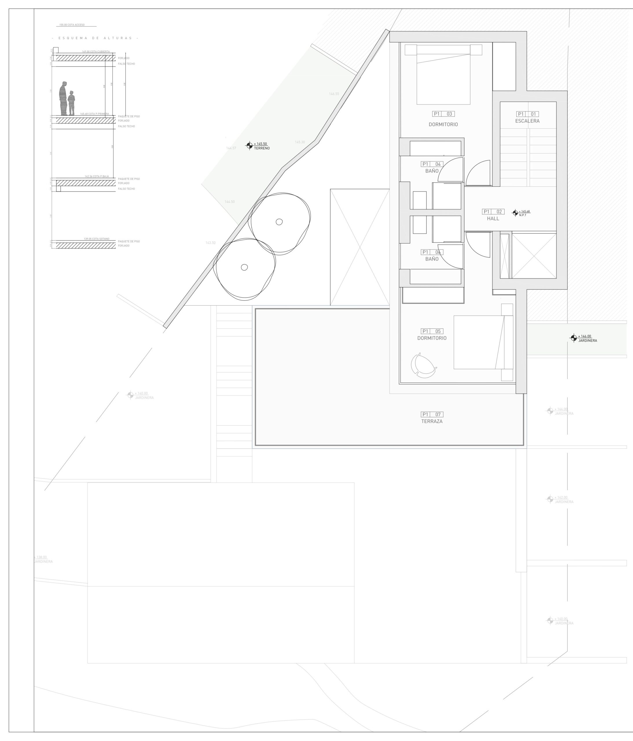 Plano técnico de la primera planta que detalla dos dormitorios con baños en suite, vestíbulo con ascensor y una amplia terraza exterior con vistas al terreno.