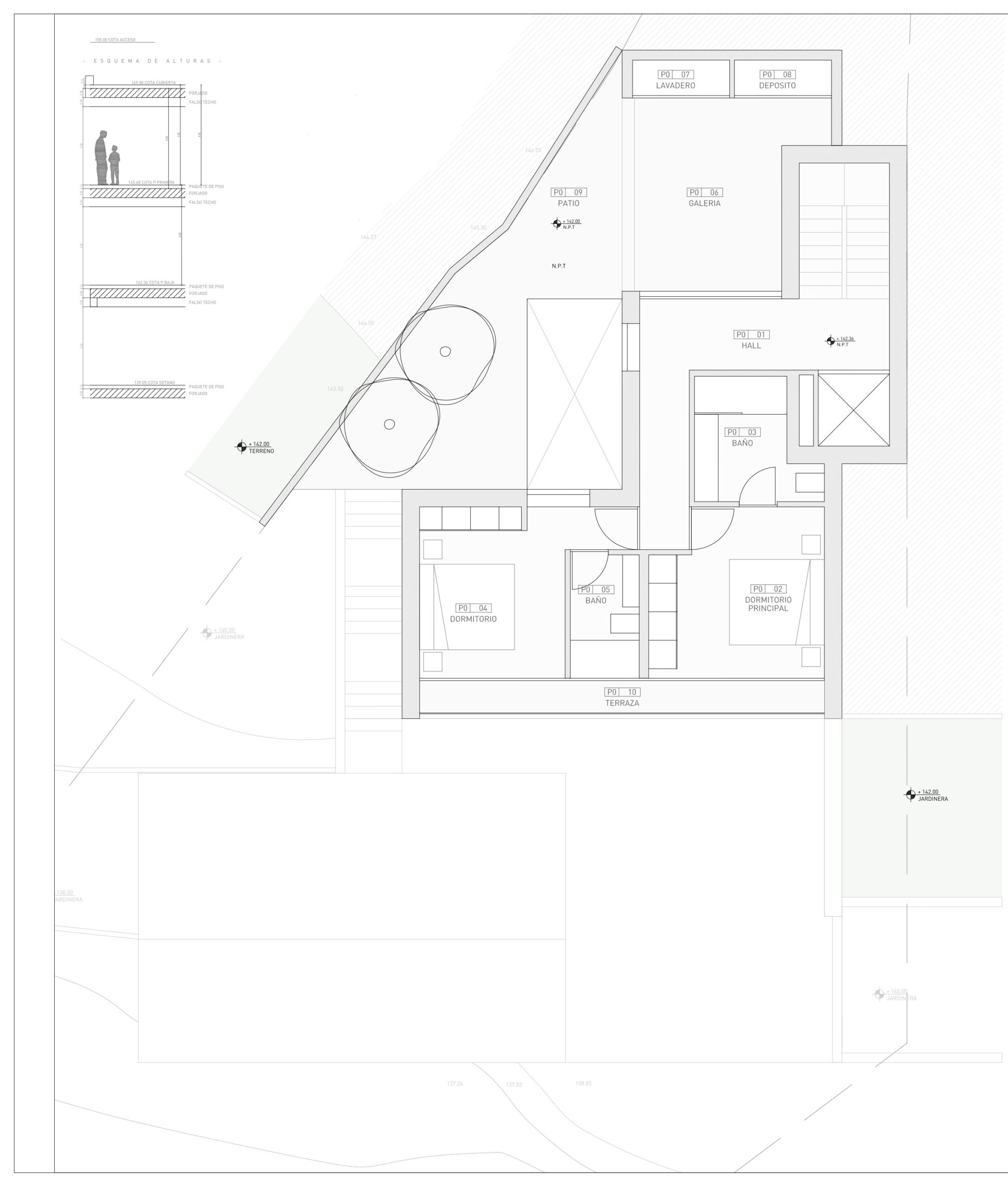 Plano técnico detallado que muestra la distribución de los dormitorios con baños en suite, el lavadero, la galería y la terraza exterior de la villa.