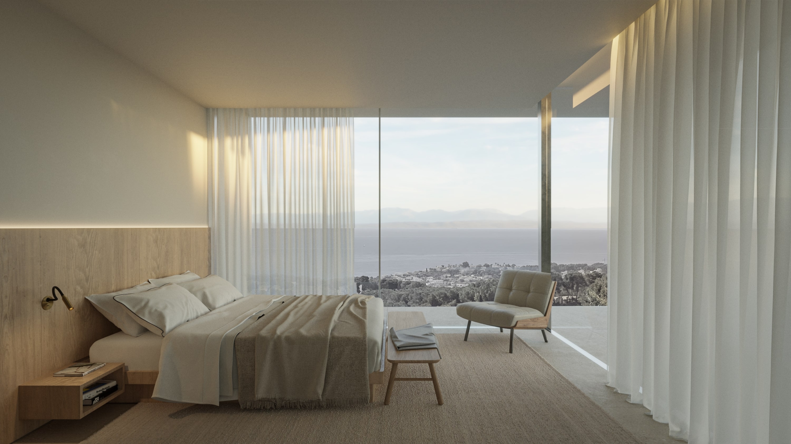Dormitorio moderno con ventanales de suelo a techo, vistas panorámicas al mar, cabecero de madera con iluminación LED integrada y mobiliario de diseño minimalista.