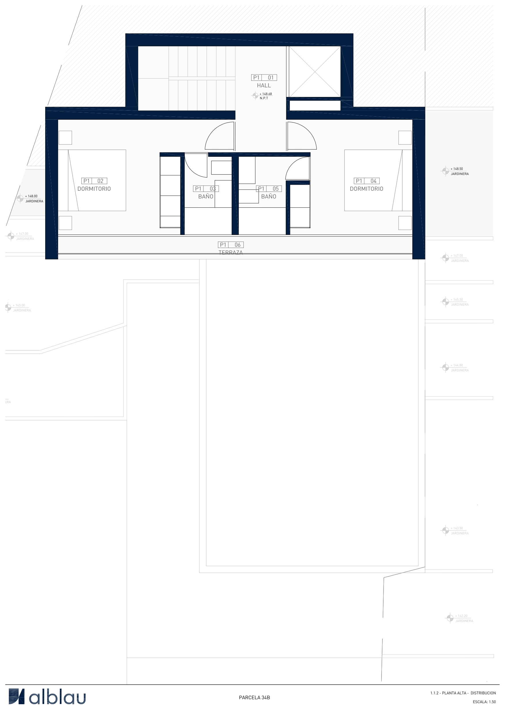 Plano técnico de la planta alta que detalla la distribución de dos dormitorios con baños en suite, vestíbulo central y una terraza longitudinal comunicada.