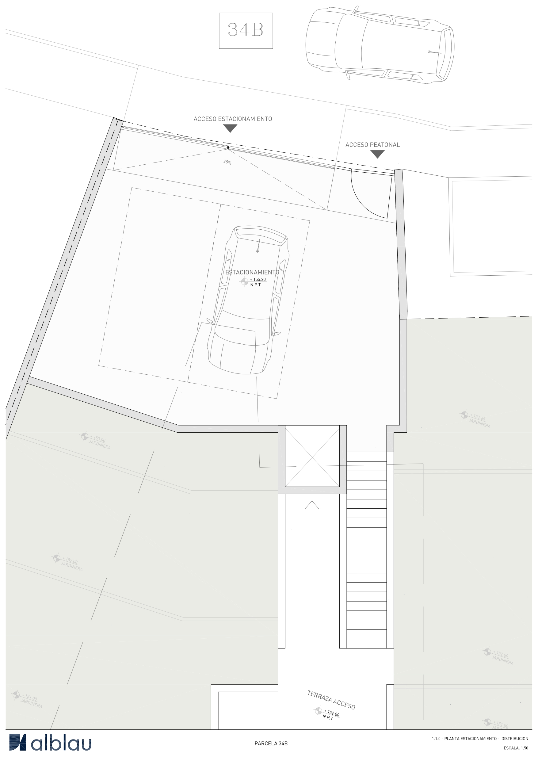 Plano técnico del nivel de calle que muestra el acceso vehicular para dos coches, entrada peatonal, hueco de ascensor y escaleras hacia la terraza de acceso.