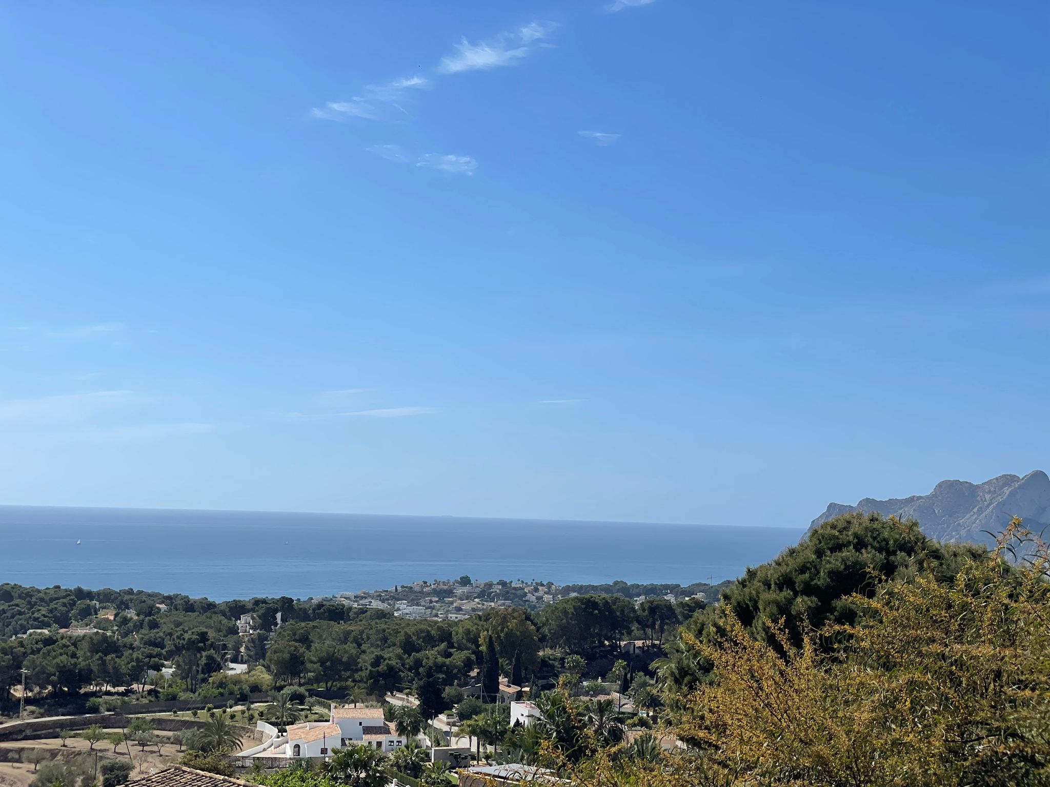 Vista panorámica de la costa mediterránea con frondosos bosques de pinos y villas residenciales bajo un cielo despejado.