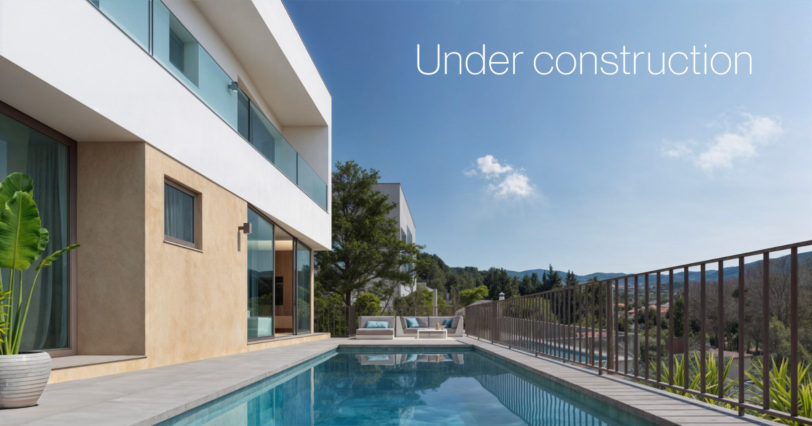 Exterior de la villa con piscina rectangular y terraza de piedra. La fachada moderna combina tonos arena, barandillas de cristal y amplios ventanales con vistas al Valle de Pop.