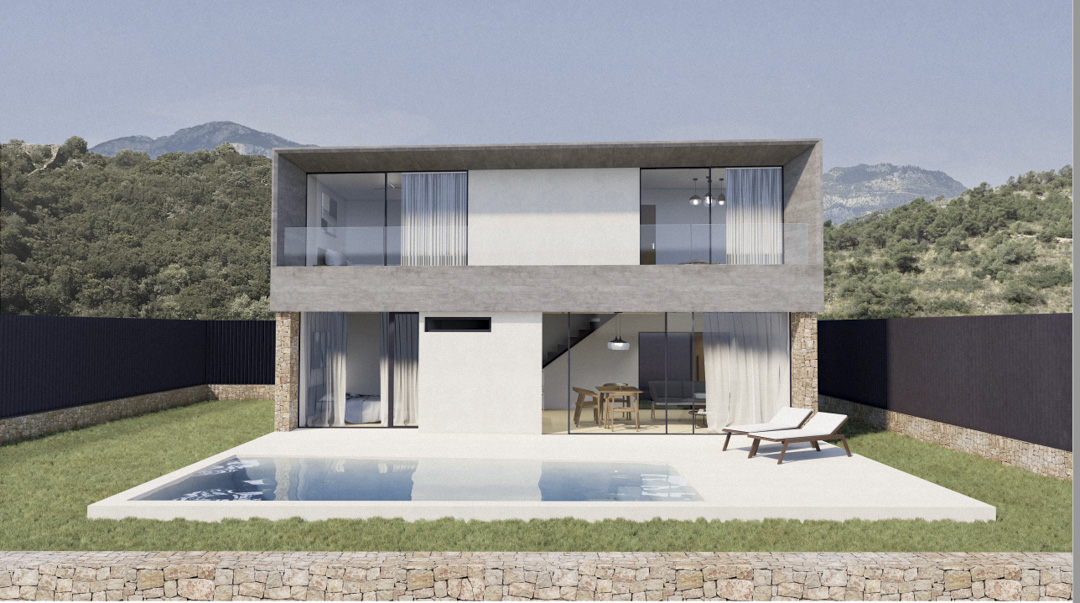 Fachada minimalista de dos niveles con amplios ventanales, piscina rectangular integrada en terraza blanca y muros de piedra natural frente al paisaje montañoso.