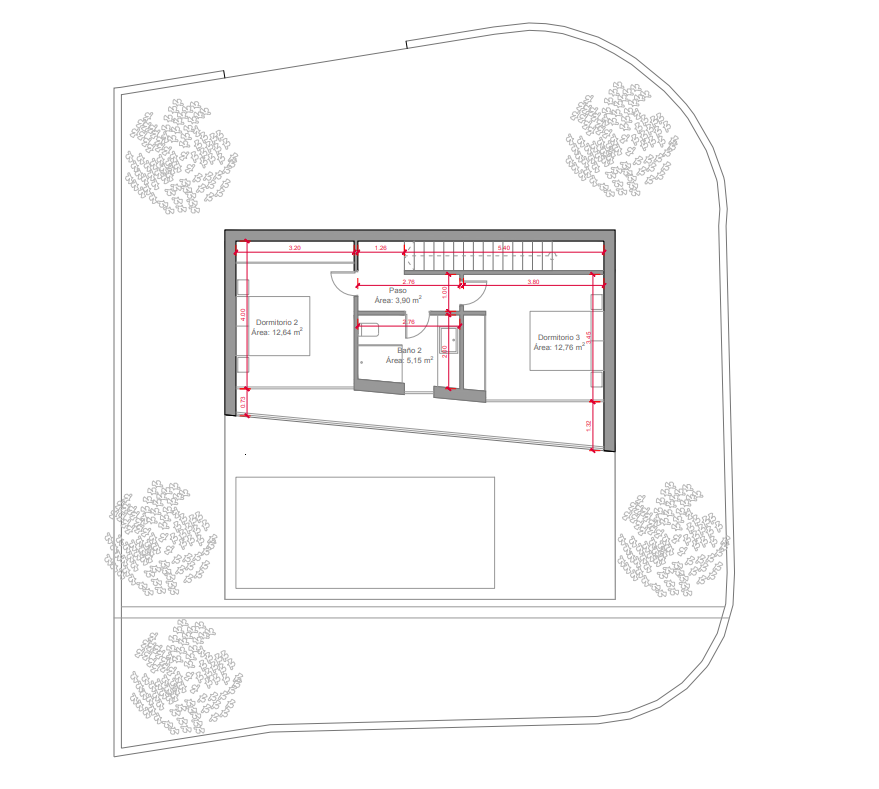 Plano de la planta alta que detalla dos dormitorios dobles de aproximadamente 12 m², un baño compartido de 5,15 m² y la distribución de la escalera de acceso.