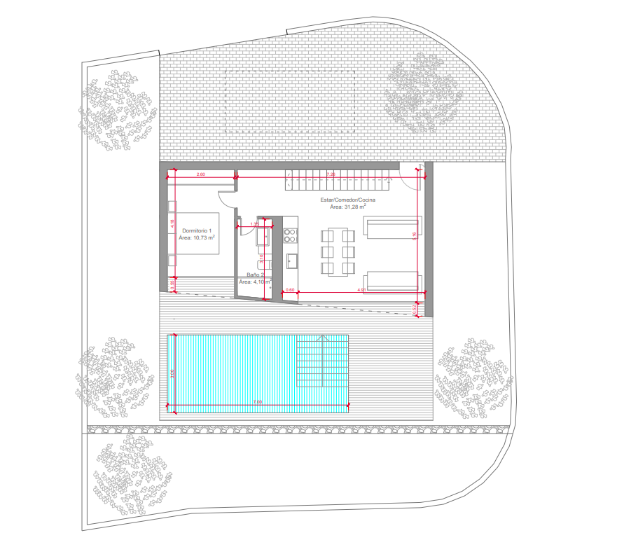 Plano detallado de la planta baja con salón-comedor-cocina de 31 m², un dormitorio, baño y zona exterior con piscina privada de 7x3 metros y terraza.