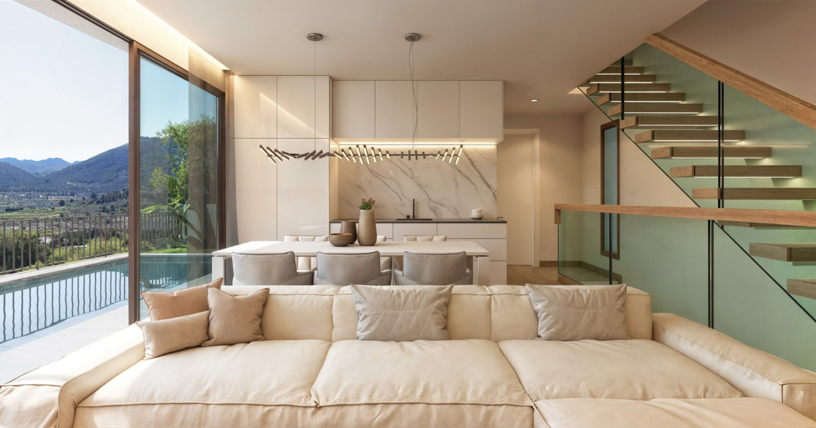 Salón-comedor integrado con cocina de diseño, escalera volada de madera y acceso directo a la terraza con piscina y vistas al Valle de Pop.
