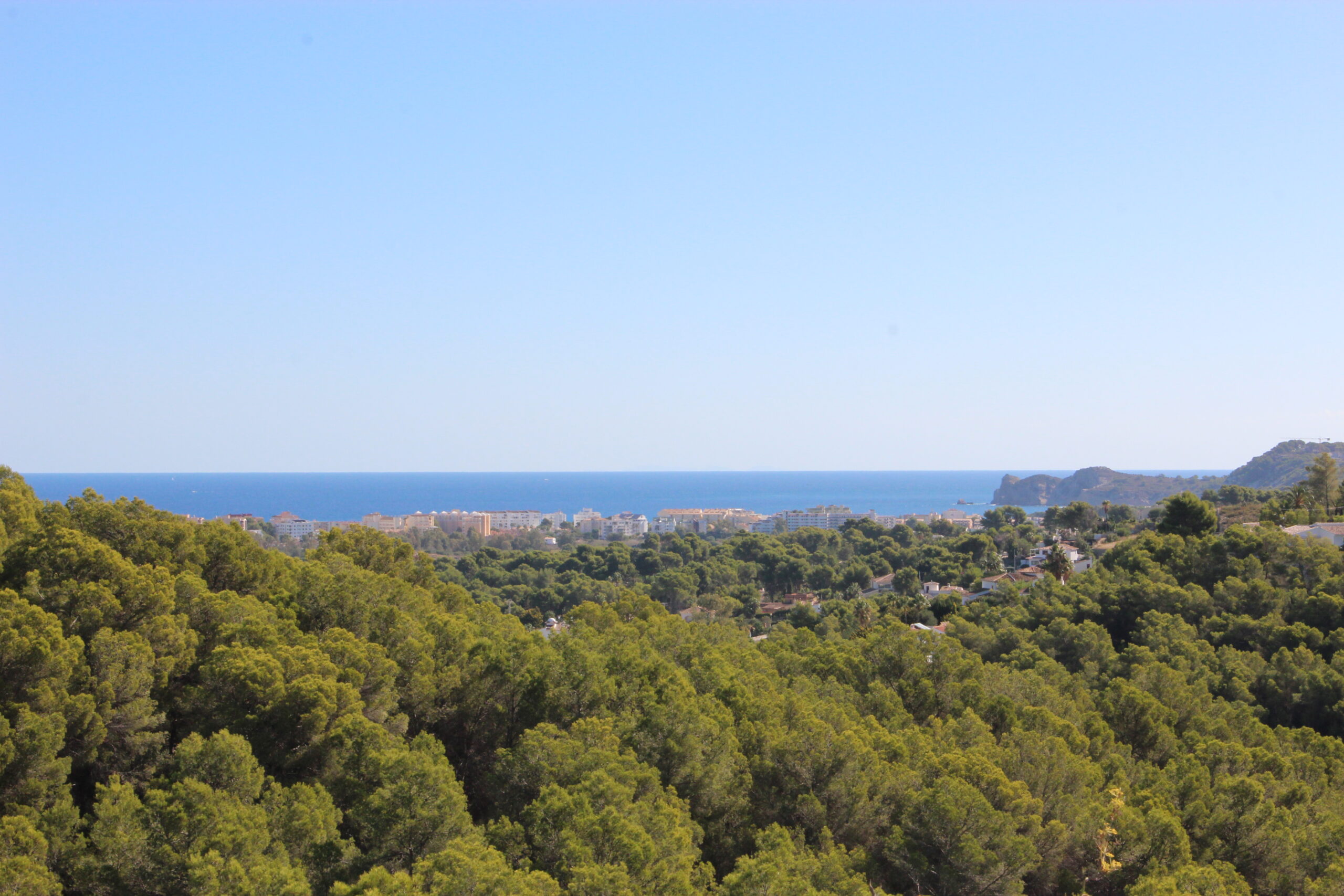 Vista panorámica al mar Mediterráneo desde la elevación de las parcelas, con un denso pinar en primer plano y el litoral de Jávea al fondo bajo un cielo despejado.