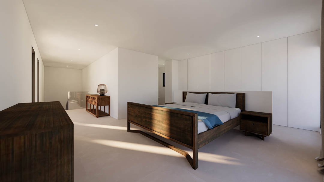 Dormitorio minimalista con mobiliario de madera oscura, armarios empotrados blancos de suelo a techo e iluminación técnica integrada en el techo.