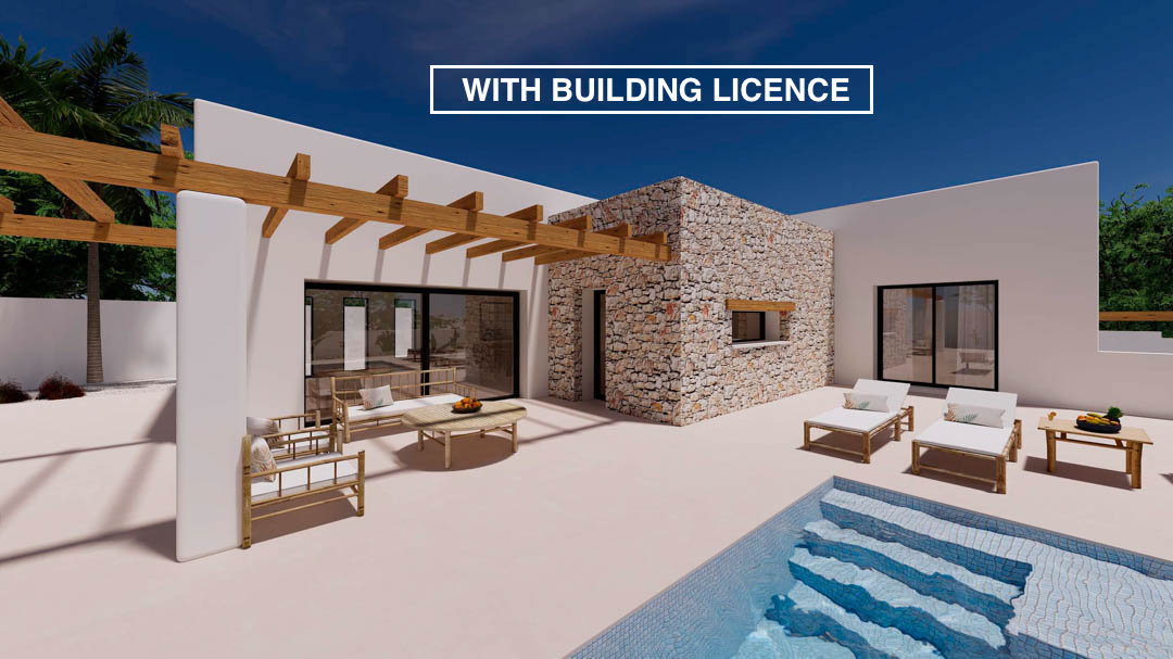 Exterior de villa estilo ibicenco con muros de piedra natural, pérgola de madera, zona de estar al aire libre y piscina con escalones de mosaico azul.