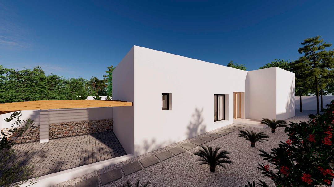 Fachada minimalista de estilo ibicenco con muros blancos, pérgola de madera sobre zona de aparcamiento y jardín de grava con plantas mediterráneas y sendero de piedra.