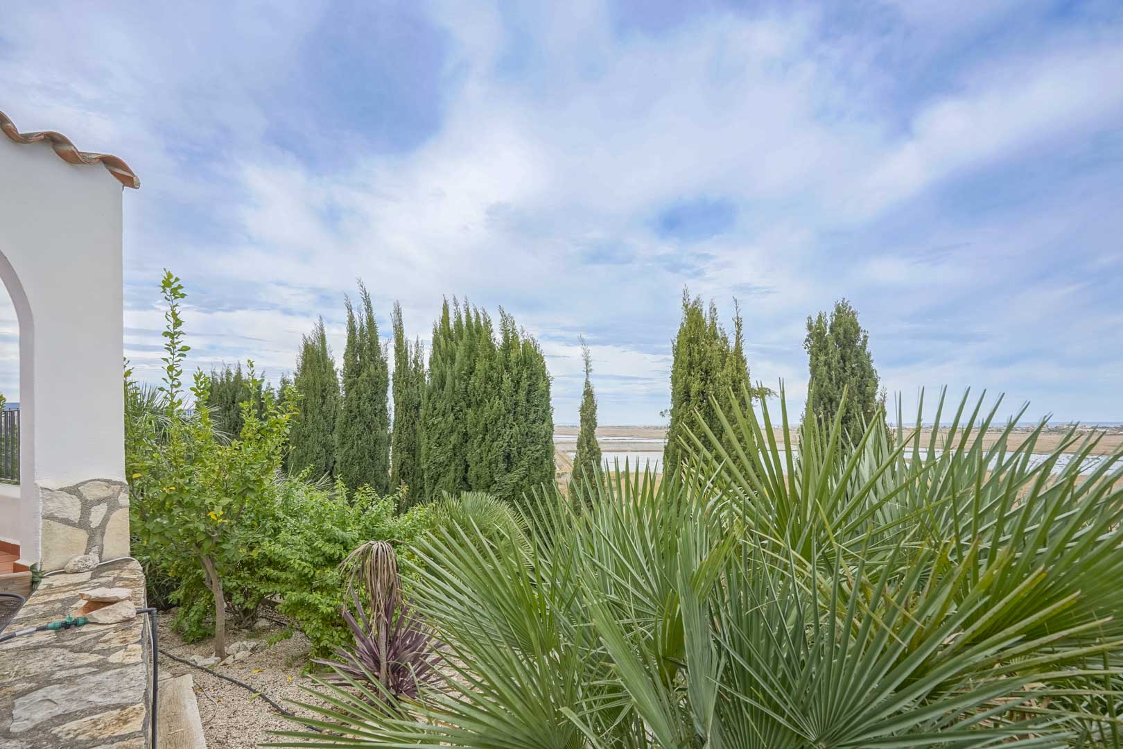 Vista del jardín con cipreses y palmeras, desde la terraza de la villa en Monte Pego.