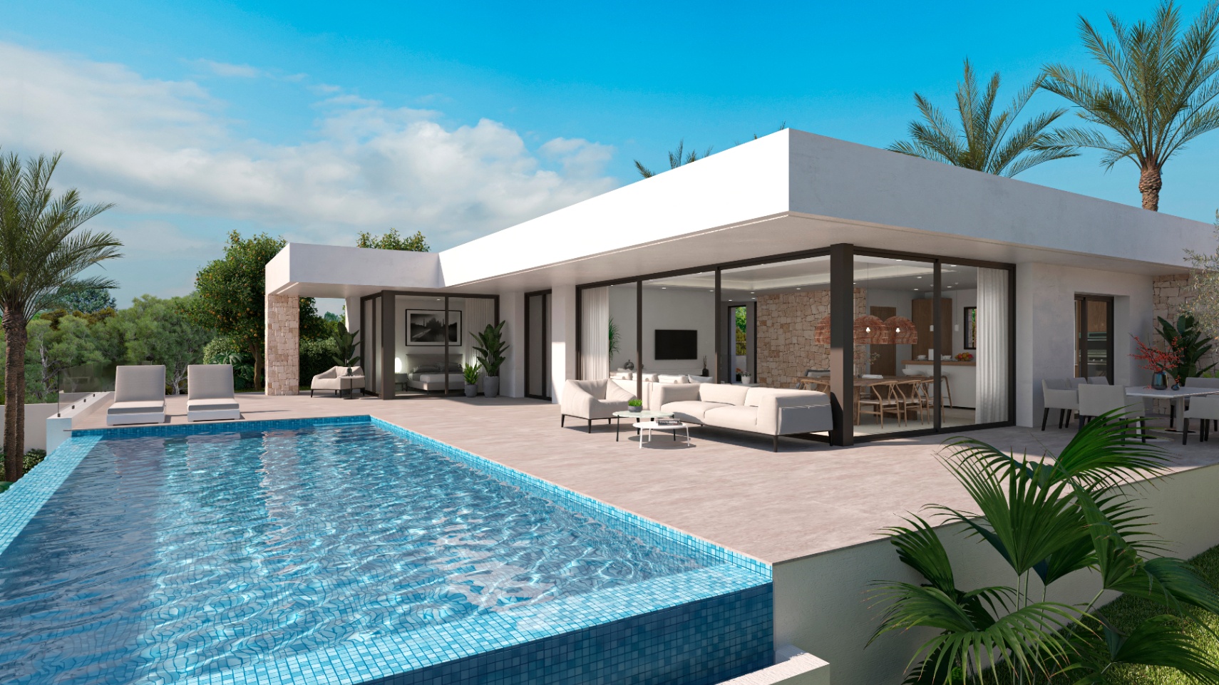Vista de la piscina con mosaicos azules y la terraza con muebles blancos. Amplias ventanas corredizas.