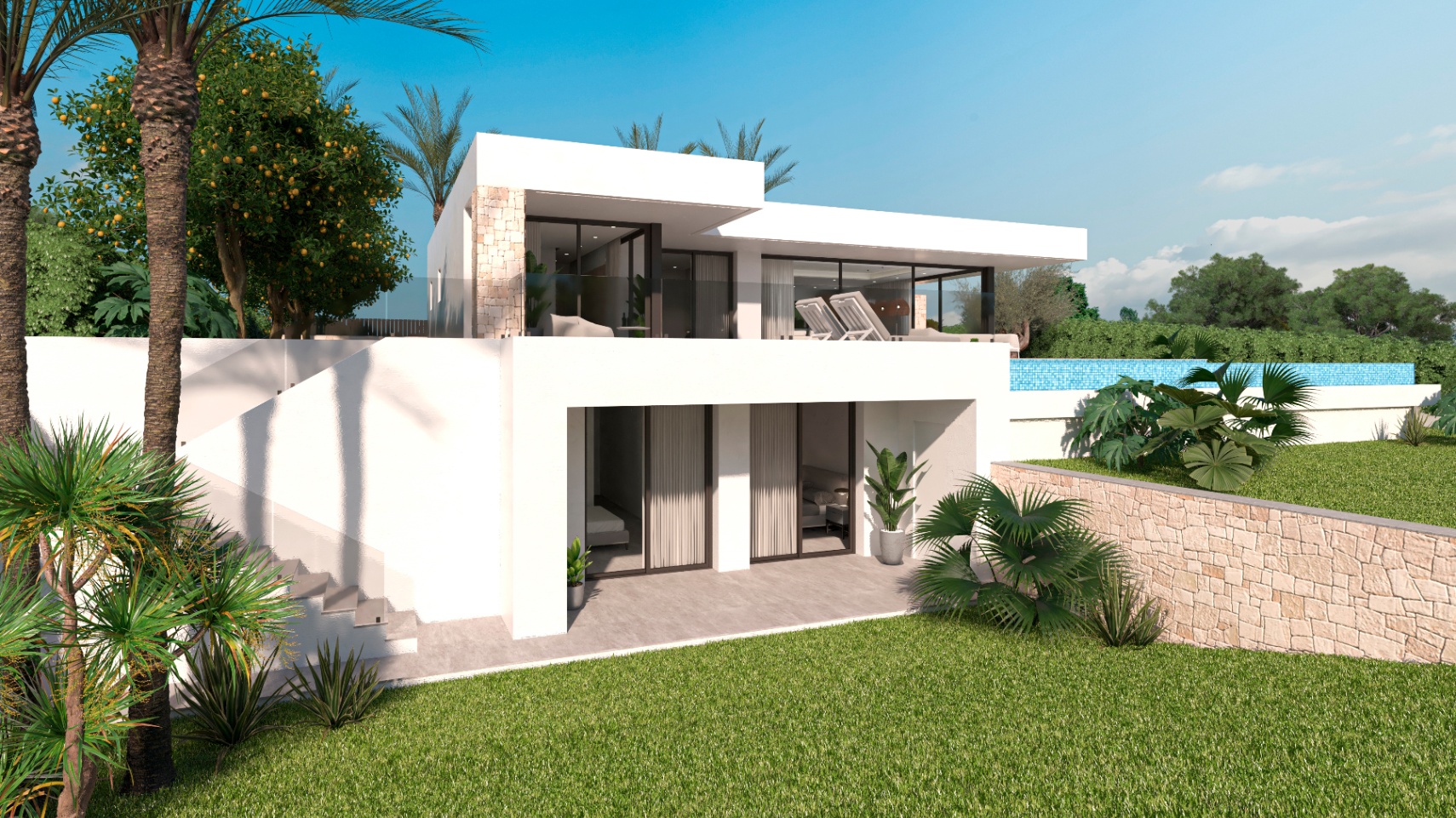 Vista exterior de la villa con jardín, piscina azul y fachada de piedra natural.