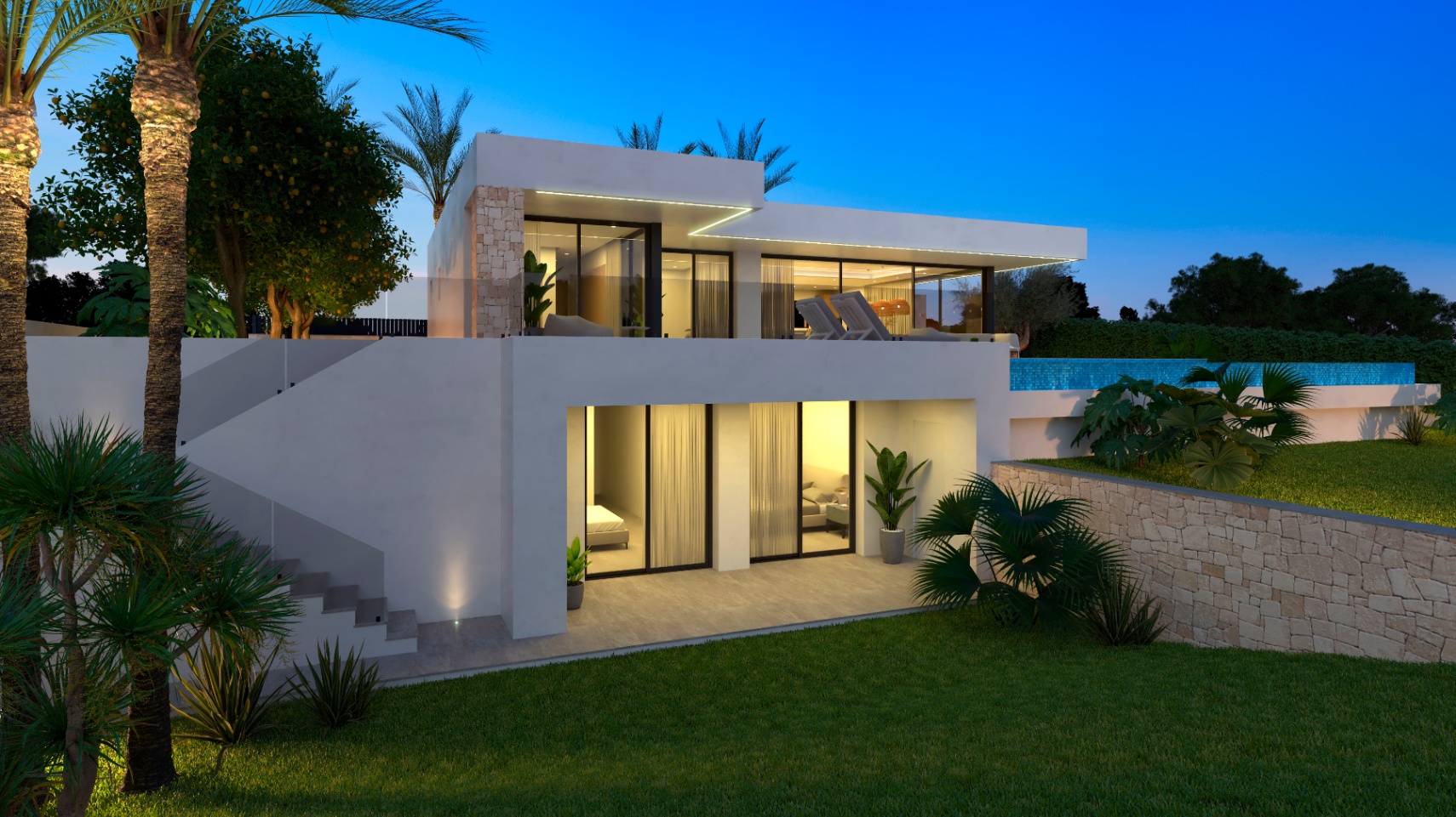 Vista exterior de la villa con jardín, piscina y acceso a terraza superior.