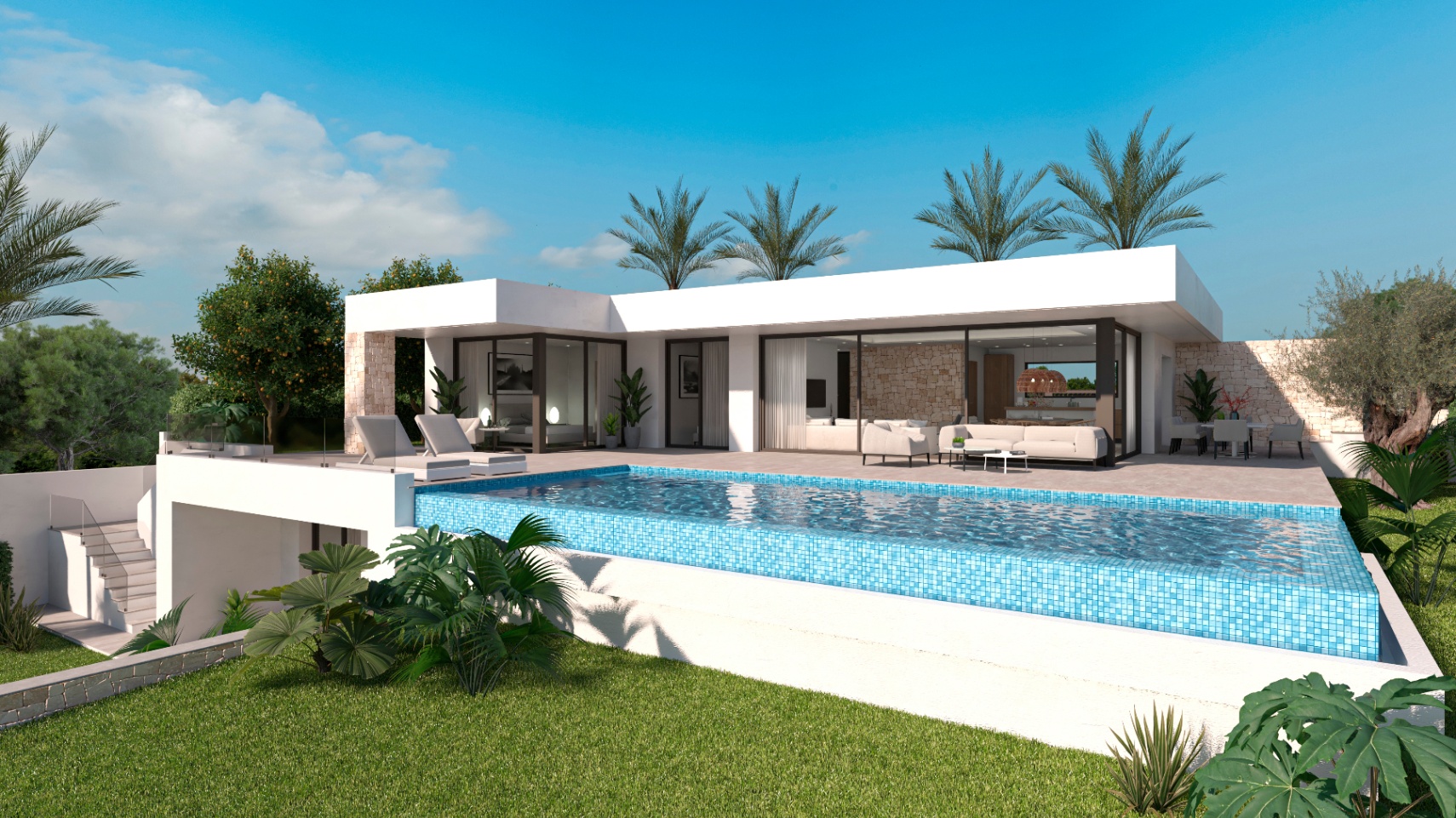 Vista exterior de la villa con piscina de mosaicos azules y fachada moderna con detalles en piedra.