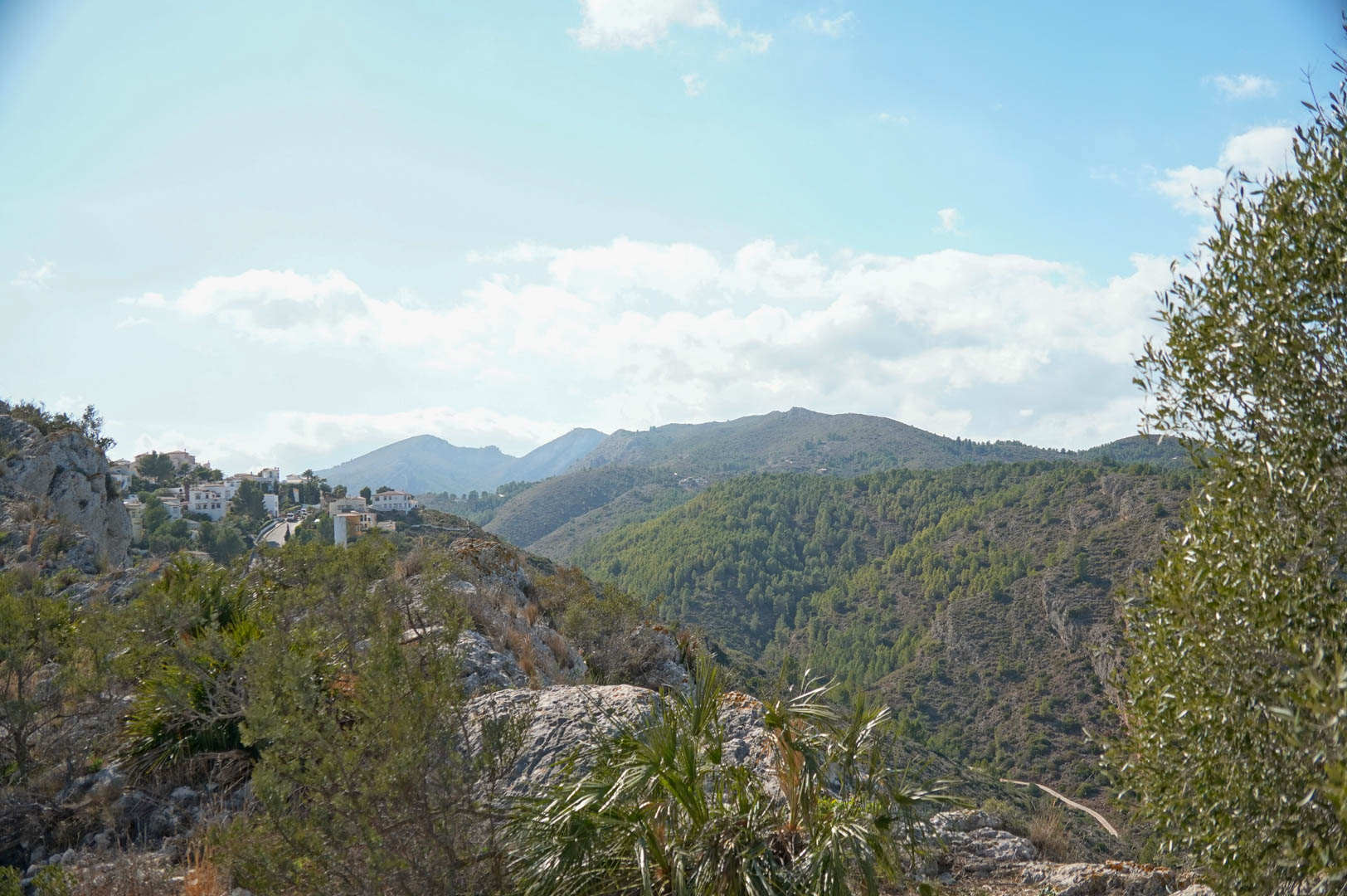 Vistas panorámicas a las montañas desde la propiedad, destacando el entorno natural de pinos y la arquitectura mediterránea integrada en el paisaje de Pedreguer.