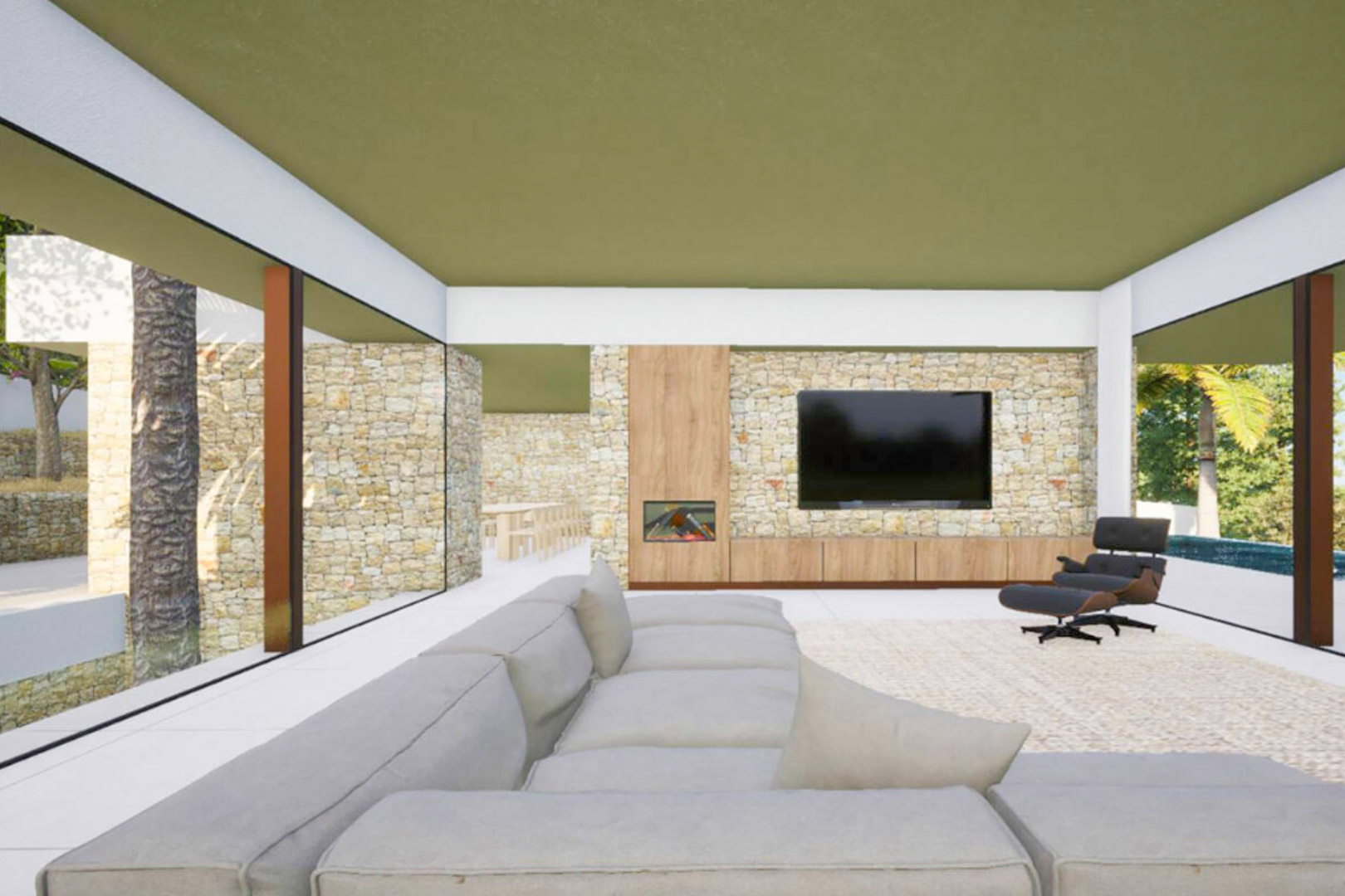 Salón moderno con pared de piedra natural, chimenea integrada, mobiliario de diseño y amplios ventanales que conectan con el exterior mediterráneo.
