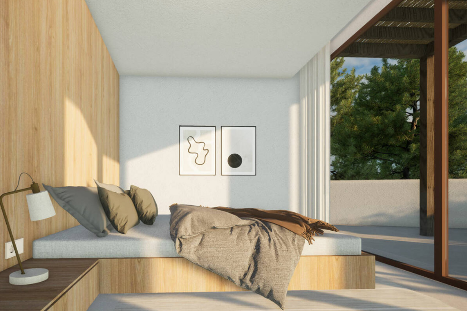 Dormitorio luminoso con pared de madera clara, ropa de cama gris y arte moderno en la pared.