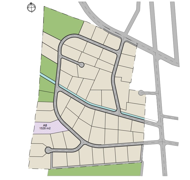 Plano de situación de la parcela A8 con una superficie de 1528 m2, integrada en una urbanización residencial con acceso vial y zonas verdes perimetrales.