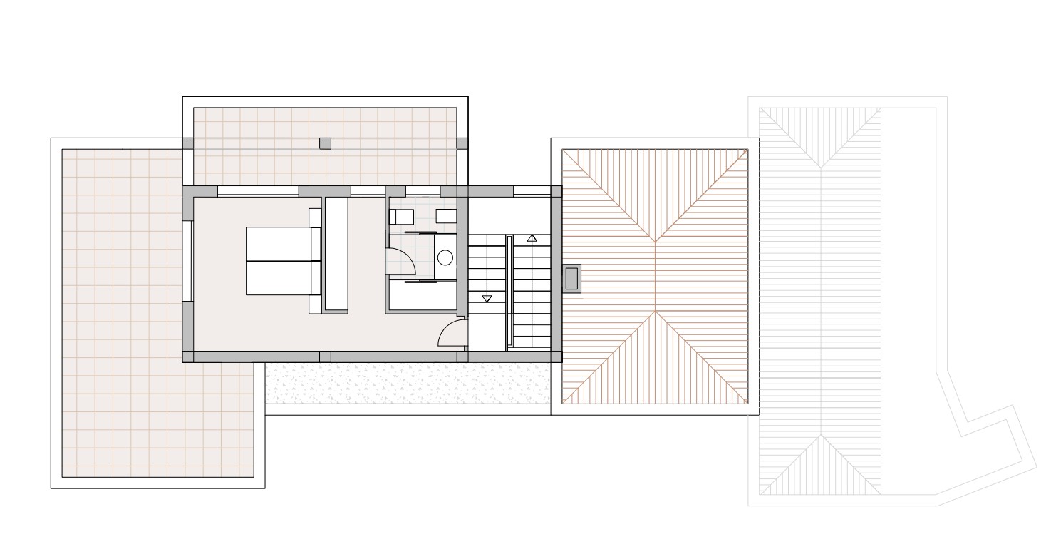 Plano detallado de la planta superior que muestra el dormitorio principal con baño en suite, vestidor y dos amplias terrazas privadas con vistas.