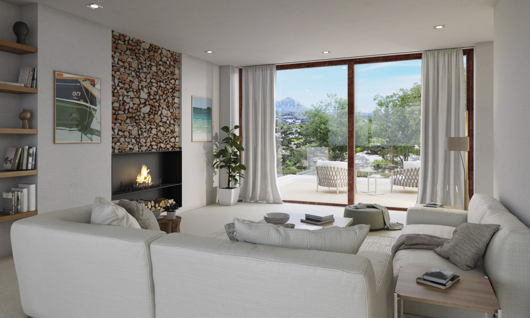 Salón luminoso con chimenea de diseño integrada en pared de piedra natural, estanterías de madera y amplios ventanales con vistas directas al Montgó.
